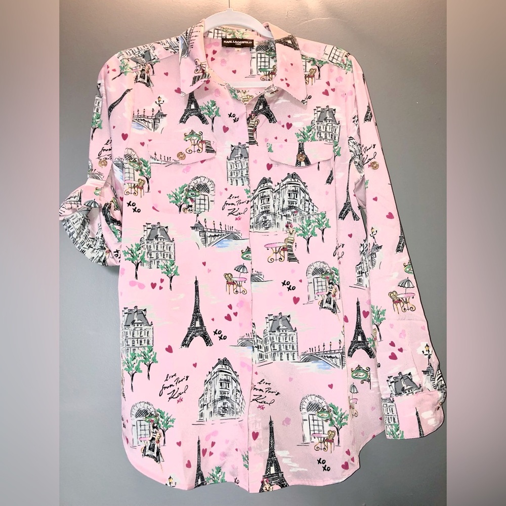Karl Lagerfeld Paris / Light Pink / Printed Whimsical /Long Sleeve Top